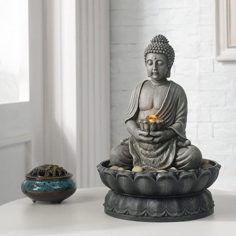 GOSSI 11.2 in Tall Indoor Décor Tabletop Buddha Fountains Desk Water Sitting Buddha Fountain Zen Fountain w/Reflective Lighting/Cobblestone Office and Home Decor - Image 1